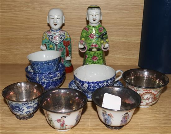 Two Chinese pottery figures and a small collection of tea wares (faults, some with plated mounts and silver lustre interiors)